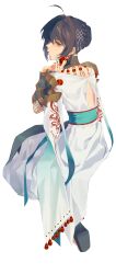 1other absurdres androgynous aqua_nails armor back black_hair braid braided_bun buyaozaoqi choker earrings fate/grand_order fate/samurai_remnant fate_(series) from_behind hair_bun hair_intakes hair_ornament hand_up highres japanese_armor japanese_clothes jewelry kimono looking_at_viewer looking_back obi official_alternate_costume official_alternate_hairstyle orange_eyes pauldrons sash shoulder_armor sidelocks simple_background sitting solo white_background white_kimono yamato_takeru_(fate) yamato_takeru_(phantasmal_dress)_(fate)