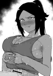 Rule 34 | 1boy, 1girl, absurdres, bar censor, bare shoulders, black hair, bleach, blush, breasts, censored, clothed paizuri, dark-skinned female, dark skin, highres, interracial, kaiman garupan, large breasts, licking lips, long hair, monochrome, paizuri, parted bangs, penis, ponytail, shihouin yoruichi, tank top, tongue, tongue out, veins, veiny penis