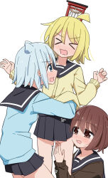 &gt;_&lt; 3girls ahoge black_sailor_collar black_skirt blonde_hair blue_cardigan blue_eyes blush brown_cardigan brown_eyes brown_hair cardigan girl_sandwich hand_on_another&#039;s_thigh hand_under_clothes hand_under_shirt highres long_sleeves miruzawa_akechi multiple_girls null-meta open_mouth pleated_skirt sailor_collar sandwiched school_uniform serafuku shirt short_hair skirt swimsuit takada_shiyuki uozumi_kurumi watanabe_yuuka white_background yellow_cardigan yuri