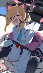 1girl absurdres animal_ear_headphones animal_ears black_skirt black_thighhighs blonde_hair blue_archive blue_necktie bow cat_ear_headphones cat_tail chinese_commentary closed_eyes commentary controller fake_animal_ears game_controller hair_bow headphones highres momoi_(blue_archive) necktie open_mouth red_bow shirt sitting skirt tail tail_bow tail_ornament tail_raised tears thighhighs wako_(1194433260) white_shirt