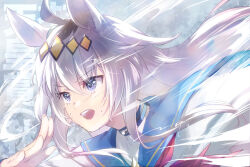 1girl :d ahoge animal_ears black_hair blue_sailor_collar commentary_request ech floating_hair grey_eyes grey_hair hair_between_eyes horse_ears long_hair multicolored_hair neckerchief oguri_cap_(umamusume) open_mouth red_neckerchief running sailor_collar shirt smile solo text_background translation_request two-tone_hair umamusume upper_body v-shaped_eyebrows very_long_hair white_shirt