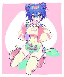 1girl bead_bracelet beads belle_(zenless_zone_zero) blue_hair blush bow bracelet breasts china_dress chinese_clothes cleavage_cutout clothing_cutout crossed_bangs double_bun dress food fruit green_eyes hair_between_eyes hair_bow hair_bun hair_ornament highres holding holding_food holding_fruit jewelry large_breasts long_sleeves looking_at_viewer official_alternate_costume peach pelvic_curtain short_hair simple_background sitting solo thighhighs wide_sleeves yellow_thighhighs yuchizero zenless_zone_zero