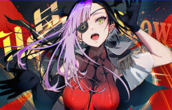 1girl asymmetrical_bangs asymmetrical_gloves black_gloves breasts commentary_request diagonal_bangs dress ear_piercing earclip elbow_gloves eyepatch gloves gradient_hair head_wings highres hololive impossible_clothes long_hair looking_at_viewer making-of_available medium_breasts mismatched_gloves multicolored_hair open_mouth painttool_sai_(medium) piercing pointy_ears purple_dress sai_(saiqun_31) solo teeth tokoyami_towa tongue upper_body virtual_youtuber wings yellow_eyes