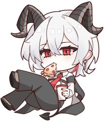 1girl an_myo armband black_armband black_horns black_nails black_pants black_shoes black_tail chest_harness chibi chibi_only collared_shirt commentary cup curled_horns demon_tail earrings eating food hair_between_eyes harness highres holding holding_cup horns jewelry key_earrings long_hair looking_at_viewer mole mole_under_eye multicolored_hair nail_polish necktie pants pizza red_eyes red_necktie shirt shoes simple_background solo streaked_hair tail white_background white_shirt wuthering_waves zani_(wuthering_waves)