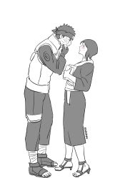 Rule 34 | 1boy, 1girl, absurdres, blush, full body, gloves, hand on own chin, high heels, highres, kadonn, looking at another, monochrome, naruto (series), naruto shippuuden, scar, scar on face, shizune (naruto), short hair, stroking own chin, sweatdrop, uchiha obito