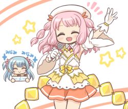 2girls :d ^_^ arm_up bad_id bad_twitter_id beret blue_hair blush bow chibi closed_eyes closed_mouth detached_sleeves facing_viewer food fumino_sayuki fumino_sayuki_(cosplay) gloves hat holding holding_microphone long_hair magia_record:_mahou_shoujo_madoka_magica_gaiden mahou_shoujo_madoka_magica microphone minami_rena multiple_girls notice_lines open_mouth orange_skirt otaku pink_hair pleated_skirt reverse_(bluefencer) shirt short_sleeves skirt smile solo_focus star_(symbol) tamaki_ui two_side_up white_background white_gloves white_hat white_shirt white_sleeves wide_sleeves