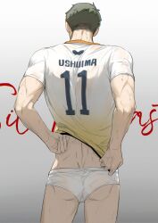 1boy ass back bottomless briefs brown_hair haikyuu!! highres male_focus male_underwear shiratorizawa_volleyball_uniform shirt short_hair sil_baswaste simple_background solo sportswear toned toned_male underwear ushijima_wakatoshi volleyball_uniform white_male_underwear