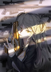 1girl a4_(350dpi) absurdres ai_arctic_warfare ak-47 akm ammunition ammunition_belt anti-materiel_rifle assault_rifle barrett_m82 barrett_mrad beretta_92 black_jacket blonde_hair bolt_action breasts bullpup closed_mouth colt_python desert_eagle desert_eagle_(girls&#039;_frontline) female_focus frost2042 girls&#039;_frontline glock golden_gun gun h&amp;k_usp handgun highres holding holding_gun holding_weapon jacket jewelry kalashnikov_rifle licking licking_weapon light_machine_gun long_hair looking_at_viewer m249_saw m4_carbine machine_gun open_clothes open_jacket pistol profile prototype_design revolver rifle ring sig_sauer sig_sauer_p320 sniper_rifle solo steyr_aug tongue tongue_out upper_body weapon weapon_request yellow_eyes