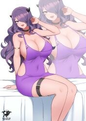 1girl absurdres armlet blush breasts camilla_(fire_emblem) cleavage clothing_cutout dress fire_emblem fire_emblem_fates gold_armlet hair_ornament hair_over_one_eye highres huge_breasts jewelry kaos_art long_hair looking_at_viewer nintendo open_mouth purple_dress purple_eyes purple_hair simple_background skindentation smile solo thigh_strap very_long_hair