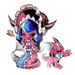 1girl black_sclera blue_hair blush_stickers bonnet chibi colored_sclera colored_skin digimon digimon_(creature) elizamon full_body highres lamia lamiamon lizard long_hair monster_girl oh_sorry_01 pink_scales pink_skin pink_tail purple_eyes yellow_eyes
