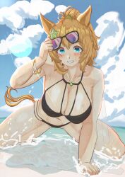 1girl absurdres adjusting_eyewear all_fours alternate_costume animal_ears barefoot black-framed_eyewear blue_eyes blue_sky blush bracelet breasts brown_hair cleavage day ear_ornament gold_bracelet grin hair_ornament highres horse_ears horse_girl horse_tail jewelry large_breasts lens_flare long_hair navel necklace ocean outdoors ponytail sky smile solo star_(symbol) star_hair_ornament stomach sunglasses swimsuit taiki_shuttle_(umamusume) tail tatsu_san tinted_eyewear umamusume water
