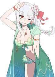 1girl absurdres bikini braid breasts cleavage collarbone fate/grand_order fate_(series) flower green_bikini hair_flower hair_ornament hair_ribbon highres kaigan0211 kama_(fate) kama_(swimsuit_avenger)_(fate) kama_(swimsuit_avenger)_(second_ascension)_(fate) large_breasts long_hair looking_at_viewer navel official_alternate_costume one_eye_closed pink_flower red_eyes red_ribbon ribbon simple_background solo stomach swimsuit tongue tongue_out white_background white_hair