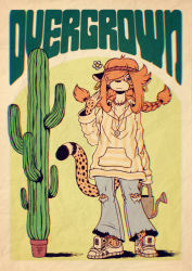 1girl absurdres animal_nose anklet arm_at_side artist_name bead_anklet bead_necklace beads black_fur blue_eyes blue_flower blue_pants body_fur border braid breasts cactus cheetah_girl chromatic_aberration closed_mouth collarbone earrings english_text expressionless female_focus flower fox-pop_vli full_body furry furry_female green_background hair_flower hair_ornament hair_over_one_eye hair_tie hairband hairclip hand_up highres hippie holding holding_water_gun hoop_earrings jewelry long_hair long_sleeves multicolored_fur necklace one_eye_covered orange_hair original pants plant pocket potted_plant red_hairband retro_artstyle shoes sidelocks simple_background sleeves_past_fingers sleeves_past_wrists small_breasts solo spotted_fur standing striped_clothes striped_sweater sweater swept_bangs torn_clothes torn_pants twin_braids twintails water_gun watering_can watermark white_border white_fur white_shoes yellow_fur yellow_sweater