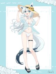 1girl absurdres ahoge akina_(user_ucnd3578) animal_ear_fluff animal_ears bikini blush braid commentary_request earrings ears_through_headwear fox_ears fox_girl fox_tail green_eyes green_nails hair_between_eyes hat highres hololive jewelry long_hair looking_at_viewer navel open_mouth pentagram shirakami_fubuki sidelocks signature single_braid solo straw_hat swimsuit tail thigh_strap virtual_youtuber white_bikini white_hair