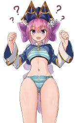 Rule 34 | blue bra, blue jacket, blue panties, bow, bra, captain kid lore, clueless, cum, cum on body, emil chronicle online, hair bow, hat, highres, jacket, monono hazumi, navel, panties, pink bow, pink hair, pirate hat, ponytail, purple eyes, standing, striped bra, striped clothes, striped panties, thighs, underwear, white background