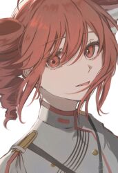 1girl :d belt black_belt buttons double-breasted drill_hair floating_hair grey_jacket hair_between_eyes hair_ribbon hashtag-only_commentary highres jacket kasane_teto kasane_teto_(sv) looking_at_viewer musical_staff musical_staff_print open_mouth red_trim ribbon shoulder_belt shoulder_boards simple_background smile solo striped_clothes striped_jacket synthesizer_v twin_drills upper_body utau white_background white_ribbon yananami_(numata220)