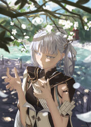 1girl absurdres ayana_(21074433) black_collar blue_sky bow breasts bright_pupils closed_mouth collar colored_eyelashes commentary dated day hair_bow hair_rings hands_up highres jinhsi_(wuthering_waves) medium_breasts mole mole_on_cheek outdoors sky solo upper_body white_bow white_eyelashes white_eyes white_hair white_pupils wuthering_waves