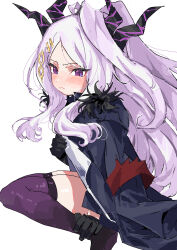 absurdres armband bad_link black_coat blue_archive blush coat demon_girl demon_horns fur-trimmed_coat fur_trim gloves hair_ornament hairclip hand_up highres hina_(blue_archive) horns long_hair military_uniform na_tarapisu153 purple_eyes purple_thighhighs simple_background speech_bubble thighhighs upper_body white_background white_hair