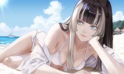 1girl absurdres alternate_costume beach bikini black_hair blue_eyes blue_sky boat breasts closed_mouth cloud commentary_request cumulonimbus_cloud day dhbwinner front-tie_bikini_top front-tie_top grey_hair hand_on_own_cheek hand_on_own_face head_rest highres hololive hololive_dev_is juufuutei_raden light_rays long_hair looking_to_the_side lying medium_breasts multicolored_hair ocean off_shoulder on_side open_clothes open_shirt outdoors shirt shore side-tie_bikini_bottom sideways_glance sky streaked_hair sunbeam sunlight swimsuit two-tone_hair virtual_youtuber watercraft white_bikini white_shirt