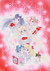 1990s_(style) 5girls :d ;) ;d absurdres aino_minako artbook bishoujo_senshi_sailor_moon blonde_hair blue_eyes blue_hair book box cake cheek-to-cheek christmas closed_mouth collarbone dessert double_bun earrings food frilled_sleeves frills gift gift_box green_eyes hair_bun hair_ribbon hand_on_own_cheek hand_on_own_face hand_up head_tilt heads_together heart heart-shaped_box highres hino_rei holding holding_book holding_food holding_gift incredibly_absurdres jewelry kino_makoto mizuno_ami multiple_girls official_alternate_costume official_alternate_hair_color official_alternate_hairstyle official_art one_eye_closed open_mouth pale_skin pink_hair pink_lips purple_hair red_ribbon retro_artstyle ribbon scan side_ponytail smile takeuchi_naoko tsukino_usagi wavy_hair white_ribbon