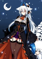 Rule 34 | 2girls, animal ears, ascot, baby, black dress, blue eyes, blue sky, blush, breasts, brown legwear, closed mouth, commentary request, crescent moon, day, dress, fox ears, garter straps, hair between eyes, heterochromia, horns, juliet sleeves, konshin, large breasts, long hair, long sleeves, looking at viewer, moon, multiple girls, orange ascot, orange eyes, orie hakua, original, ponytail, puffy sleeves, purple skirt, skirt, sky, smile, star (sky), starry sky, thighhighs, very long hair, white hair, wide sleeves