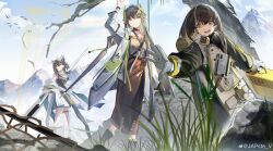 3girls arknights arm_up bare_shoulders black_coat brown_hair brown_skirt chouchouhei closed_mouth coat day earrings elf gloves grey_coat grey_hair hair_between_eyes highres holding infection_monitor_(arknights) jewelry lab_coat long_hair long_skirt long_sleeves magallan_(arknights) muelsyse_(arknights) multicolored_hair multiple_girls open_mouth outdoors outstretched_arm pencil_skirt plant pointy_ears rainbow reaching rhine_lab_(arknights) short_hair silence_(arknights) simple_bird skirt smile streaked_hair sweatdrop thigh_strap watermark weibo_watermark white_coat white_gloves wind yellow_eyes