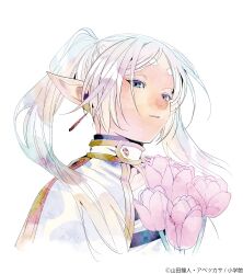 Rule 34 | 1girl, abe tsukasa, absurdres, blue eyes, capelet, earrings, elf, floating earring, flower, frieren, highres, holding, holding flower, jewelry, long hair, looking at viewer, official art, open mouth, pink flower, pointy ears, shirt, smile, solo, sousou no frieren, striped clothes, striped shirt, teardrop earrings, thick eyebrows, twintails, upper body, white capelet