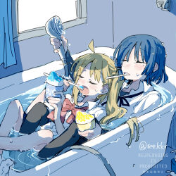 Rule 34 | 2girls, ahoge, black pantyhose, black ribbon, blonde hair, blue hair, bocchi the rock!, bow, bowtie, closed eyes, eating, english text, food, holding, holding food, holding shaved ice, holding shower head, holding spoon, ice cream spoon, ijichi nijika, in bathtub, long hair, mole, mole under eye, multiple girls, neck ribbon, open mouth, pantyhose, polka dot bowtie, red bow, red bowtie, ree (re-19), ribbon, shirt, shower head, spoon, twitter username, utensil in mouth, watermark, wet, wet clothes, white shirt, yamada ryo