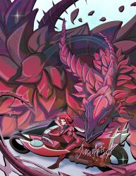 1girl artist_name ass black_rose_dragon bodysuit breasts d-wheel dragon duel_disk duel_monster highres izayoi_aki judgedarts large_breasts looking_at_viewer motor_vehicle motorcycle red_bodysuit red_eyes red_hair red_petals riding signature slit_pupils smile yu-gi-oh!