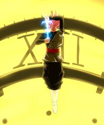 black_pants black_shirt boots clock clock_tower dougi dragon_ball dragon_ball_super earrings energy_sword goku_black grey_eyes grey_tunic highres jewelry kazumax76 long_sleeves medium_hair pants pink_hair potara_earrings red_sash sash shirt simple_background single_earring spiked_hair super_saiyan super_saiyan_rose sword tower tunic weapon white_boots yellow_background