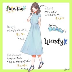 1girl alternate_costume arrow_(symbol) blue_dress bow brown_eyes brown_hair character_name contemporary copyright_name dress hair_bow looking_at_viewer meecosme nail_polish short_hair short_sleeves smile solo translation_request walt_disney&#039;s_peter_pan wendy_darling