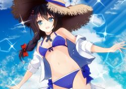 Rule 34 | bikini, black ribbon, blue bikini, blue sky, braid, breasts, brown hat, cloud, collared shirt, commentary request, cowboy shot, dress shirt, front-tie bikini top, front-tie top, hair flaps, hair over shoulder, hat, highres, ichigomaru d, kantai collection, medium breasts, neck ribbon, open clothes, open shirt, outstretched arms, ribbon, shigure (kancolle), shigure kai san (kancolle), shigure kai san (swimsuit) (kancolle), shirt, side-tie bikini bottom, single braid, sky, smile, sparkle, sun hat, swimsuit, white shirt