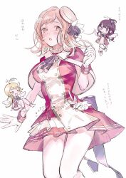 3girls ahoge black_hair blonde_hair blush bracelet capelet copyright_request dress feet_out_of_frame highres jewelry looking_at_viewer multiple_girls pink_capelet pink_dress pink_hair simple_background solo_focus translation_request ueno_zousui white_background