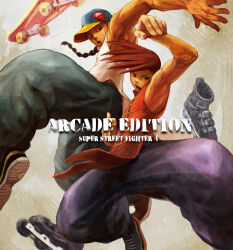 Rule 34 | 2boys, baseball cap, braid, brothers, brown hair, chinese clothes, commentary, copyright name, hat, highres, karee, long hair, multiple boys, roller skates, siblings, single braid, skateboard, skates, street fighter, street fighter iv (series), twins, yang lee, yun lee