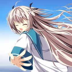 1girl :d ^_^ ahoge asagi_nanami atri atri-my_dear_moments- black_ribbon blue_background blue_sailor_collar blush closed_eyes commentary_request dress eyebrows_hidden_by_hair facing_viewer floating_hair from_side hair_between_eyes hair_ribbon happy highres light_brown_hair long_hair long_sleeves open_hands open_mouth outstretched_arms ribbon sailor_collar sailor_dress simple_background smile solo two_side_up very_long_hair white_dress wide_sleeves