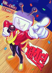 1boy ant_tenna arm_up black_pants confetti crt deltarune from_above full_body gloves hedgepig_361 highres holding holding_microphone male_focus microphone necktie object_head pants pointing pointing_up pointy_nose shoes smile solo speech_bubble standing tailcoat teeth white_gloves yellow_necktie yellow_shoes