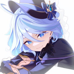 1girl ahoge asymmetrical_gloves black_gloves blue_eyes blue_hair blue_hat blue_jacket closed_mouth commentary_request crossed_arms drop-shaped_pupils furina_(genshin_impact) genshin_impact gloves hair_between_eyes hat heterochromia highres jacket long_hair long_sleeves looking_at_viewer mismatched_gloves multicolored_hair simple_background smile solo streaked_hair symbol-shaped_pupils top_hat tyenka7728 upper_body white_background
