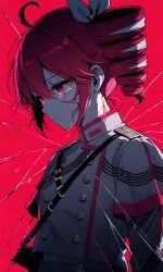 1girl ahoge blood blood_on_face bow bruise bruise_on_face crying crying_with_eyes_open drill_hair ero_desu grey_shirt hair_between_eyes hair_bow highres injury kasane_teto layered_sleeves long_sleeves military_uniform red_background red_eyes red_hair shirt short_over_long_sleeves short_sleeves solo tears twin_drills upper_body utau