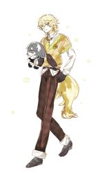 Rule 34 | 1boy, 1girl, animal ears, arknights, belt, belt buckle, black dress, black eyes, black gloves, black hair, blonde hair, blue eyes, blush, buckle, collared shirt, commentary request, dog boy, dog ears, dog tail, dress, fanny pack, flower, full body, gloves, hair ornament, hairclip, highres, holding, holding stuffed toy, la pluma (arknights), looking at viewer, male focus, necktie, open mouth, pants, pin, plaid clothes, plaid pants, shirt, smile, standing, step-siblings, stuffed toy, sweater vest, tail, teeth, tequila (arknights), thick eyebrows, umogame, white background, white shirt, yellow necktie