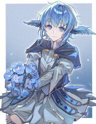 1girl absurdres anqi_ii bird_girl bird_tail blue_background blue_capelet blue_eyes blue_flower blue_hair border bouquet brooch capelet commission cowboy_shot dress final_fantasy final_fantasy_xiv flower grey_dress head_wings highres holding holding_bouquet jewelry looking_at_another meteion outside_border procreate_(medium) short_hair smile solo tail tassel white_border wings
