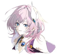 1girl blue_eyes coat cropped_torso cyrene_(honkai:_star_rail) hair_ornament honkai:_star_rail honkai_(series) jewelry medium_hair multicolored_hair necklace parted_lips pink_hair purple_coat simple_background smile solo tkdqntkdwh two-tone_hair white_background white_hair