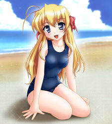 1girl beach blonde_hair blue_eyes day female_focus fortune_arterial long_hair neopure one-piece_swimsuit ribbon school_swimsuit sendou_erika solo swimsuit