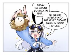 1girl :d animal_ear_hairband animal_ears arm_up black_choker black_hairband black_nails black_skirt black_streaks blue_eyes blue_shirt blush border bow bright_pupils choker clock commentary double-parted_bangs english_commentary english_text fake_animal_ears fang goggles goggles_on_head hairband highres long_hair long_sleeves merryweather multicolored_hair open_mouth original rabbit_ear_hairband rabbit_ears ryuuxin sally_sinclair shirt skirt smile solo sparkle sparkling_eyes speech_bubble streaked_hair talking time_machine white_background white_border white_bow white_hair white_pupils