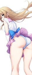 Rule 34 | 1girl, absurdres, alternate costume, ass, ass focus, back bow, bishoujo senshi sailor moon, blonde hair, blue bow, blush, bow, clothes lift, commentary request, commission, elbow gloves, eyes visible through hair, feet out of frame, floating hair, from behind, frown, ghost villager, girlfriend (kari), gloves, green eyes, hair between eyes, highres, kneepits, leaning forward, long hair, looking at viewer, looking back, miniskirt, mochizuki erena, open mouth, panties, pantyshot, pink sailor collar, pixiv commission, pleated skirt, purple skirt, sailor collar, shirt, sidelocks, simple background, skirt, skirt lift, skirt tug, sleeveless, sleeveless shirt, solo, standing, thighs, underwear, unofficial sailor senshi uniform, v-shaped eyebrows, white background, white gloves, white panties, white shirt, wind, wind lift