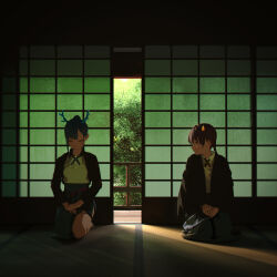 2girls absurdres antlers architecture black_jacket blue_hair blue_skirt character_request closed_eyes cross_tie dated east_asian_architecture full_body hair_ornament highres hitoshiro_itsuki horns indoors jacket kneeling long_sleeves looking_at_viewer medium_hair multiple_girls o-ring o-ring_thigh_strap own_hands_together parted_bangs ponytail porch sash seiza shouji sitting skirt sliding_doors tacshojosora tatami thigh_strap tree veranda versen virtual_youtuber