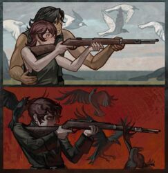 Rule 34 | 1boy, 2girls, absurdres, aegyo sal, aiming, arm hair, assault rifle, bird, black hair, brown eyes, brown hair, color contrast, constricted pupils, covering own mouth, crow, dove, from side, gesture, green eyes, green tank top, grin, gun, highres, holding, holding gun, holding weapon, inset border, military uniform, mountainous horizon, mullet, multiple girls, multiple views, narrowed eyes, original, rifle, short hair, silverheather, smile, tank top, too many, too many birds, weapon