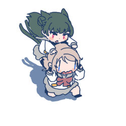 2girls animal_ears black_hair blue_eyes blush_stickers bow bowtie buttons carrying carrying_person cat_ears cat_girl cat_tail chibi chibi_only commentary_request double-breasted grey_hair hair_bun long_sleeves love_live! love_live!_sunshine!! multiple_girls open_mouth pink_eyes red_bow red_bowtie running school_uniform serafuku shinanoya_(satanicad) shirt short_hair simple_background single_side_bun tail tsushima_yoshiko uranohoshi_school_uniform v-shaped_eyebrows watanabe_you wavy_mouth white_background white_shirt winter_uniform |_|