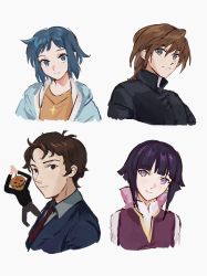 1girl 1other 3boys black_jacket black_sweater blue_eyes blue_hair blue_jacket blue_suit blunt_bangs blush brown_eyes brown_hair brown_pants collared_shirt duo_maxwell formal_clothes freya_0913 grey_shirt gundam gundam_age gundam_build_fighters gundam_hathaway&#039;s_flash gundam_wing hair_between_eyes hathaway_noa head_tilt highres iori_sei jack-o&#039;-lantern jacket light_smile looking_at_viewer looking_to_the_side mafti_nabiyu_erin meme multiple_boys necktie open_clothes open_jacket orange_shirt own_hands_together pants portrait pumpkin_dance_(meme) pumpkin_mask purple_eyes purple_hair purple_skirt red_necktie shirt short_hair sidelocks skirt smile suit sweater upper_body white_shirt yurin_leciel