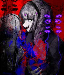 1girl absurdres crazy_eyes crazy_smile female_focus fingernails heart_(organ) highres kirifuji_nozomi marionxxxxxxxxx open_mouth red_background smile solo solo_focus surreal teeth the_hundred_line_-last_defense_academy- tongue white_hair