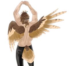1boy absurdres arms_up back bird_boy bird_tail bird_wings black_pants brown_hair brown_tail brown_wings contrapposto cowboy_shot dark-skinned_male dark_skin feathered_wings from_behind goldbullet highres holostars holostars_english long_hair male_focus no_shirt pants ponytail simple_background solo stretching tail toned toned_male topless_male virtual_youtuber white_background wings yorobisan